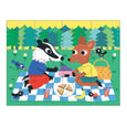 Children's puzzle with cartoon badger and fox at a picnic in a forest setting
