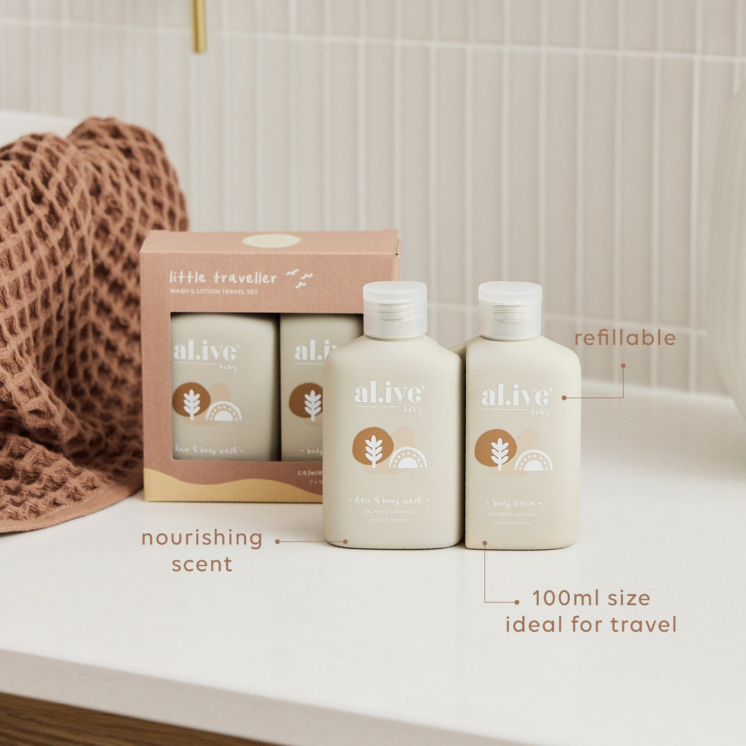 Al.Ive little traveller wash and lotion travel set available from www.thecollectivenz.com