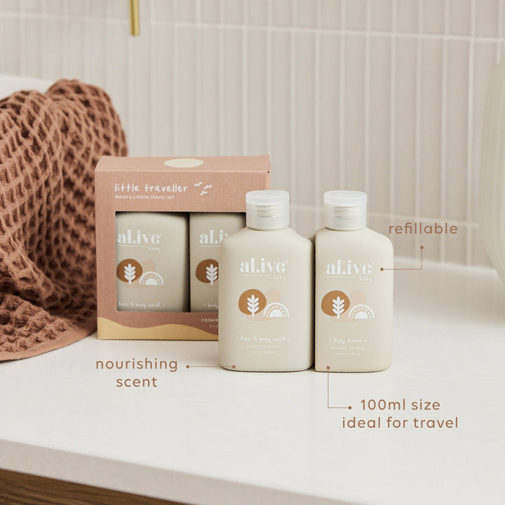 Al.Ive little traveller wash and lotion travel set available from www.thecollectivenz.com