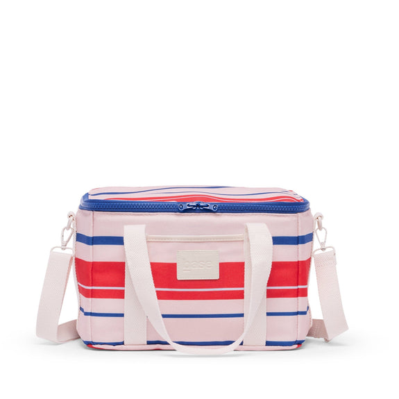 Striped cooler bag with a visible brand logo on a white background
