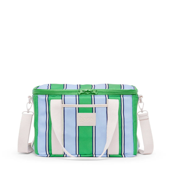 Striped cooler bag with green, blue, and white pattern on a white background
