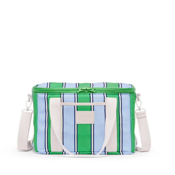 Striped cooler bag with green, blue, and white pattern on a white background