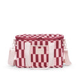 Red and white checkered bag with a strap on a white background