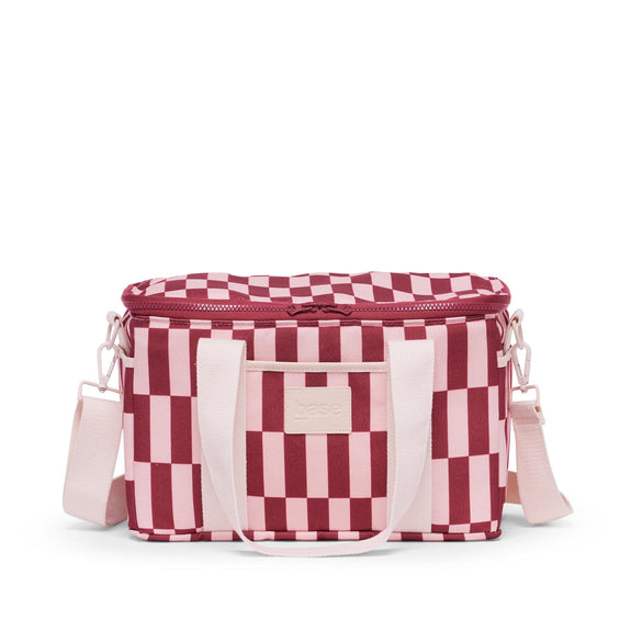 Red and white checkered bag with a strap on a white background