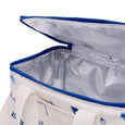 Open cooler bag with blue interior lining on a white background