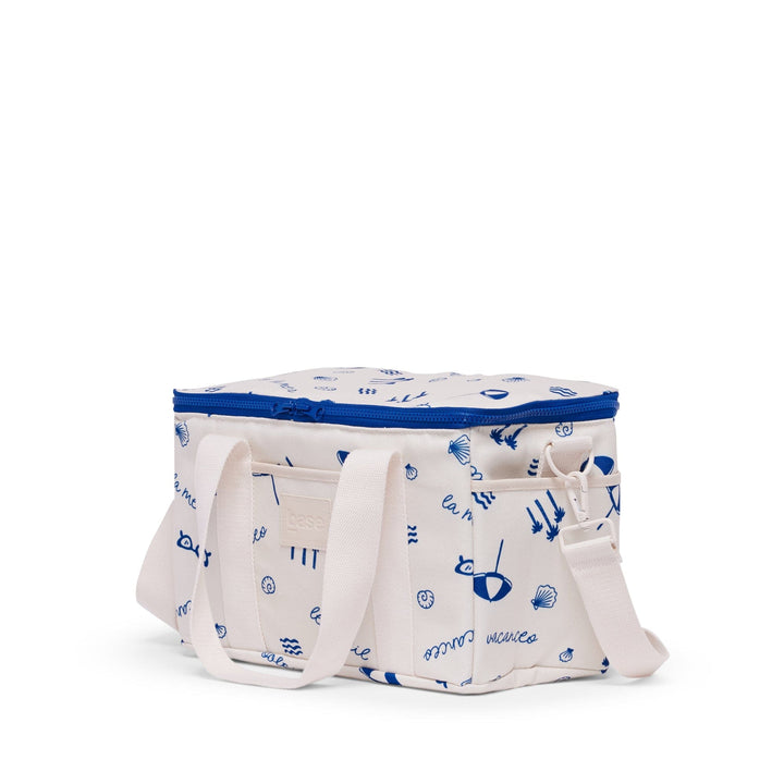 White bag with blue patterns on a white background