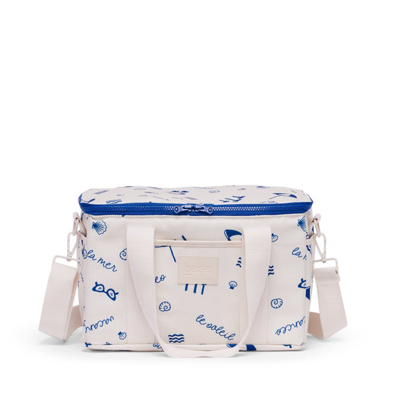 White cooler bag with blue accents and sea-themed design on a white background