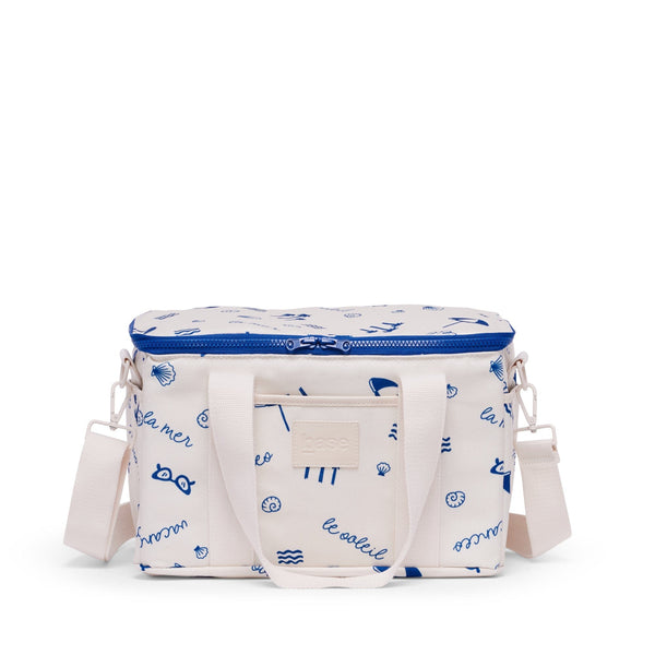 White cooler bag with blue accents and sea-themed design on a white background
