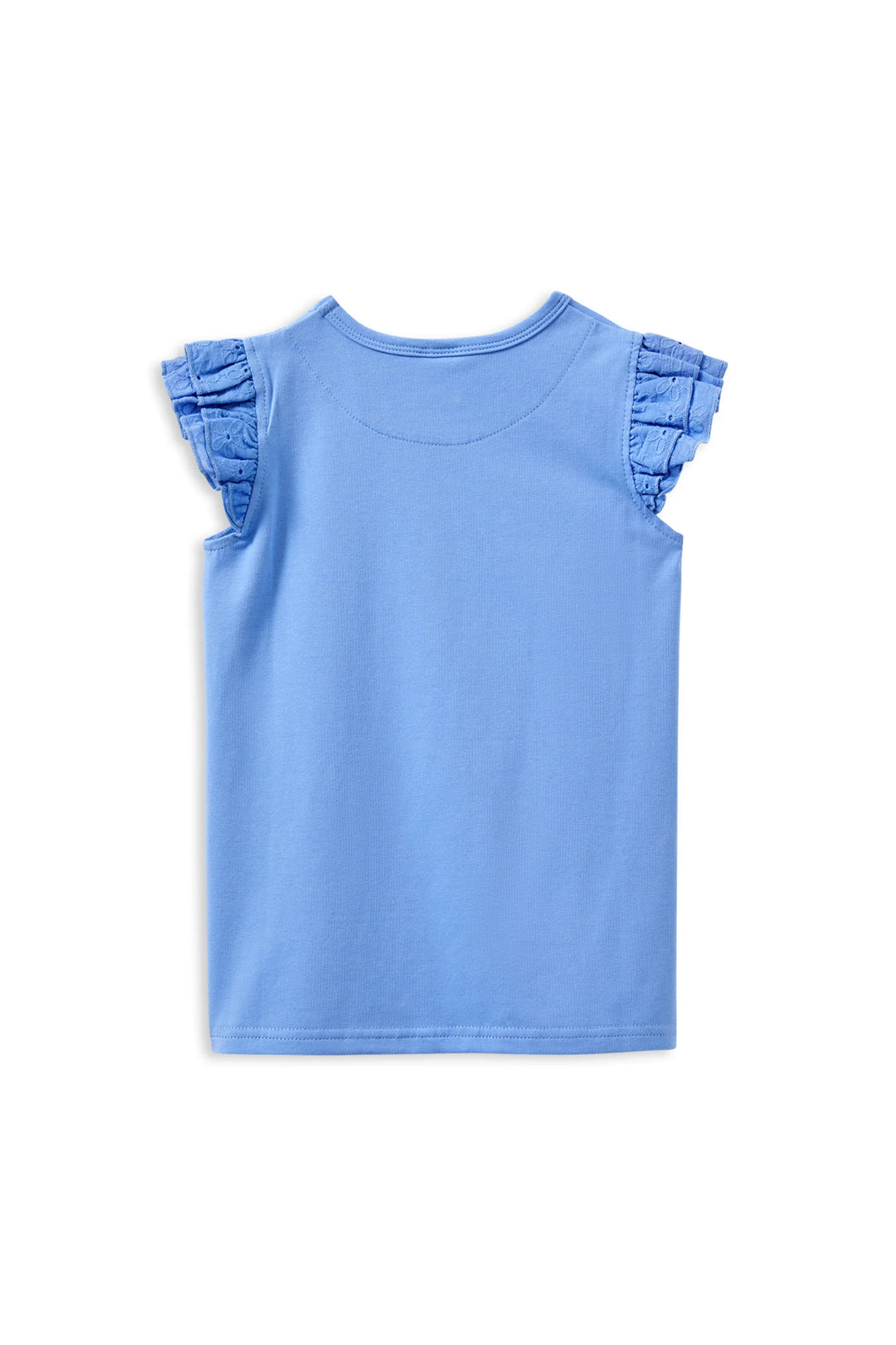 Milky Blue sleeveless top with ruffled shoulders on a white background