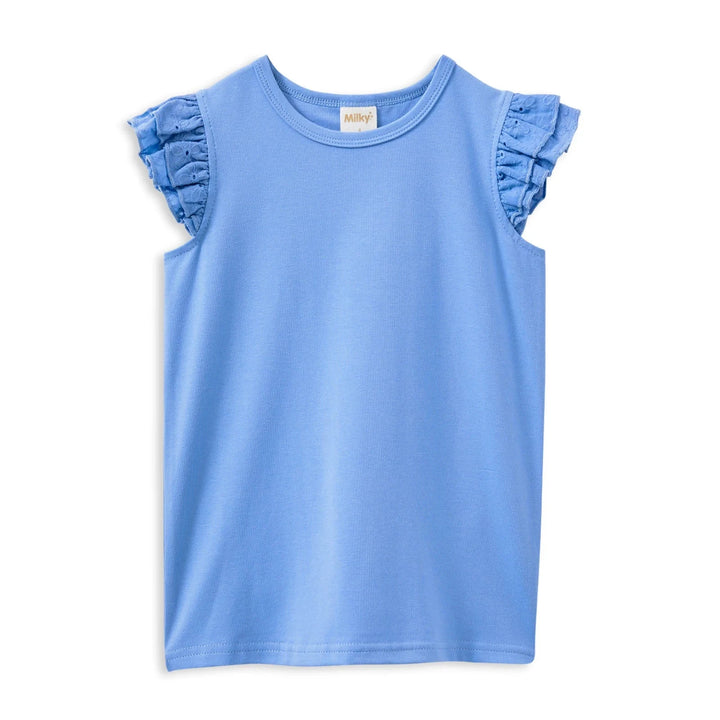 milky Blue sleeveless top with ruffled shoulders on a white background