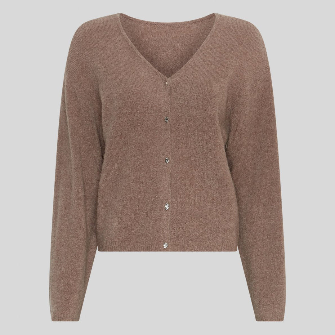 A taupe brown knit cardigan sweater with a V-neck and button-front closure, displayed on a neutral light gray background.