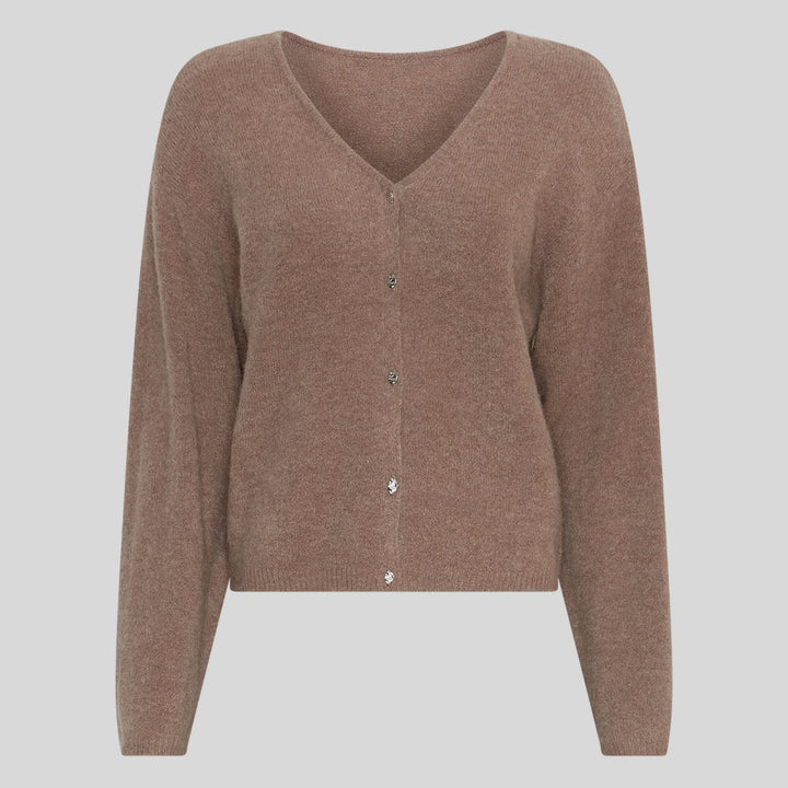 A taupe brown knit cardigan sweater with a V-neck and button-front closure, displayed on a neutral light gray background.