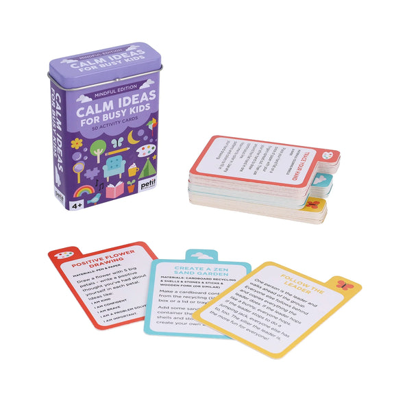 Calm Ideas for Busy Kids activity cards with a purple tin box on a white background