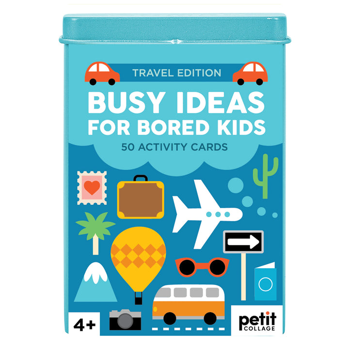 Pack of 'Busy Ideas for Bored Kids' activity cards with travel-themed illustrations on a blue background.