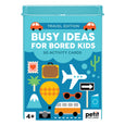Pack of 'Busy Ideas for Bored Kids' activity cards with travel-themed illustrations on a blue background.