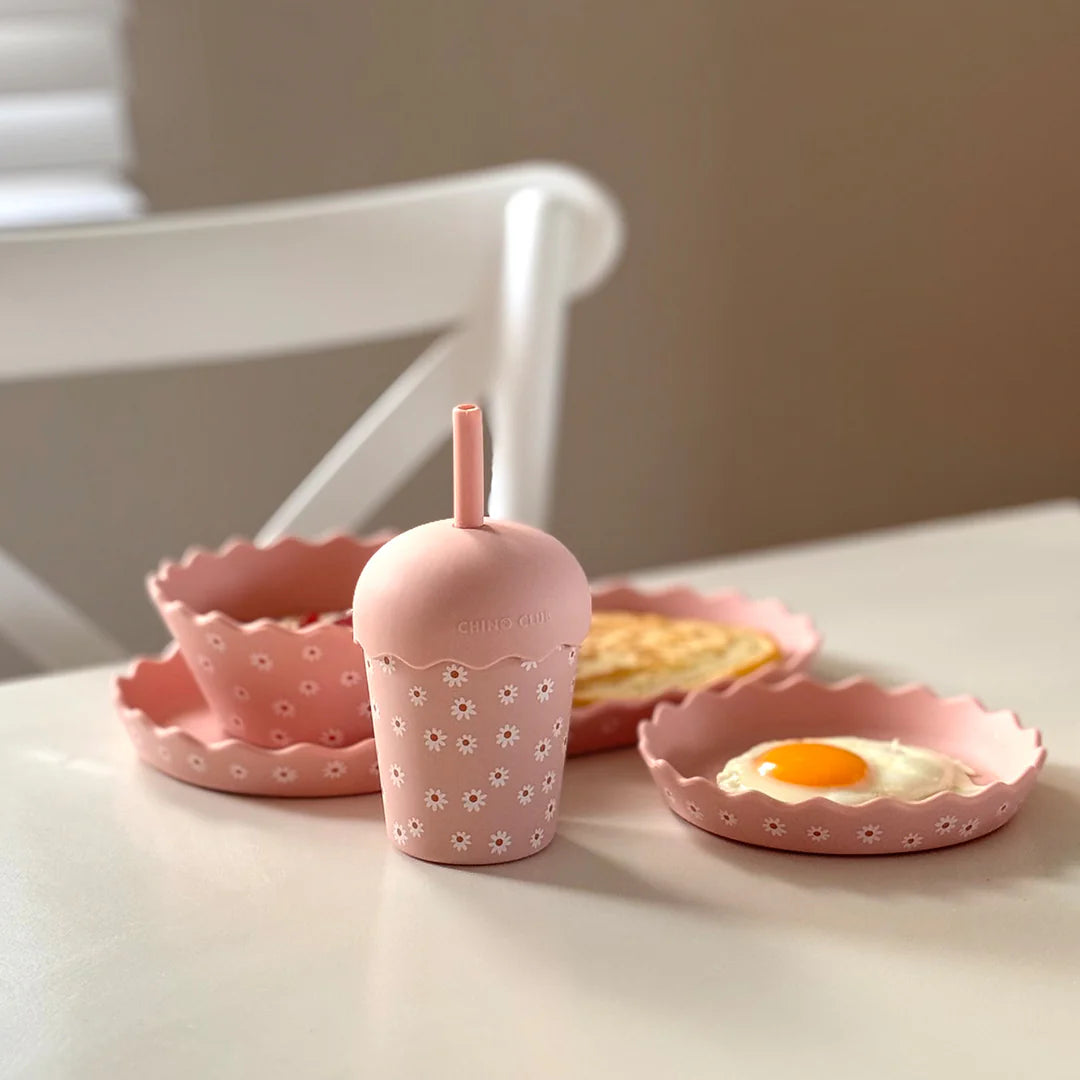 Silicone Bowl + Plate Set – Pink Daisy
