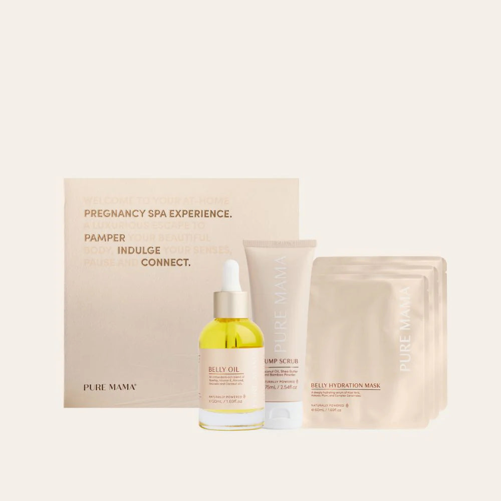 Pregnancy spa experience product set including a box, bottle, tube, and sheet mask on a white background.