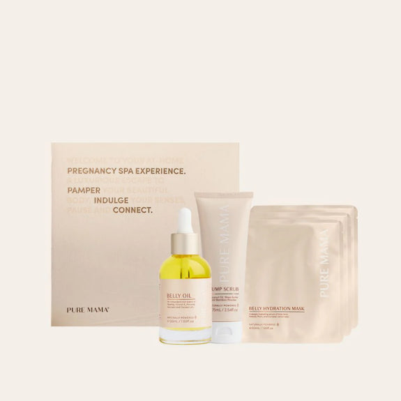 Pregnancy spa experience product set including a box, bottle, tube, and sheet mask on a white background.