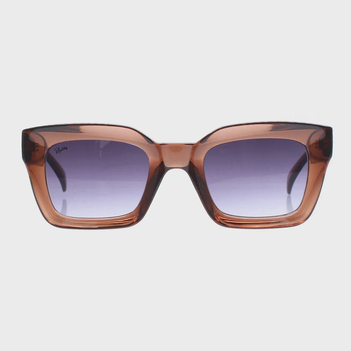 Oversized square sunglasses with a translucent amber-brown frame and gradient purple lenses, shown against a light gray background.