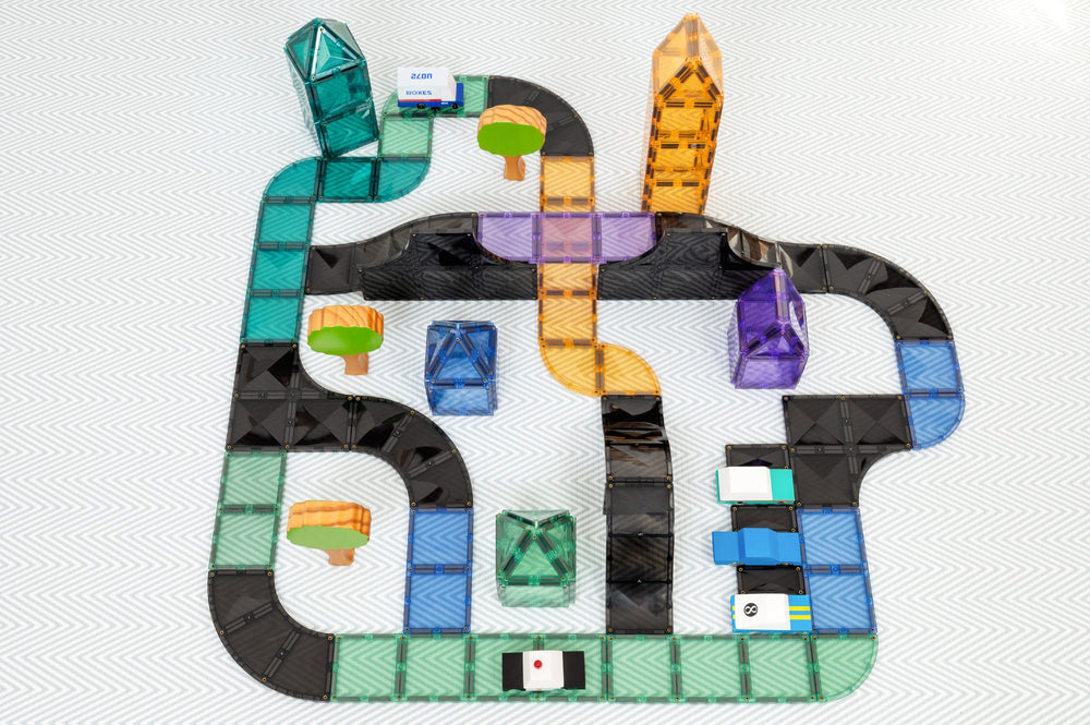 Colorful connetix building block set on a white background