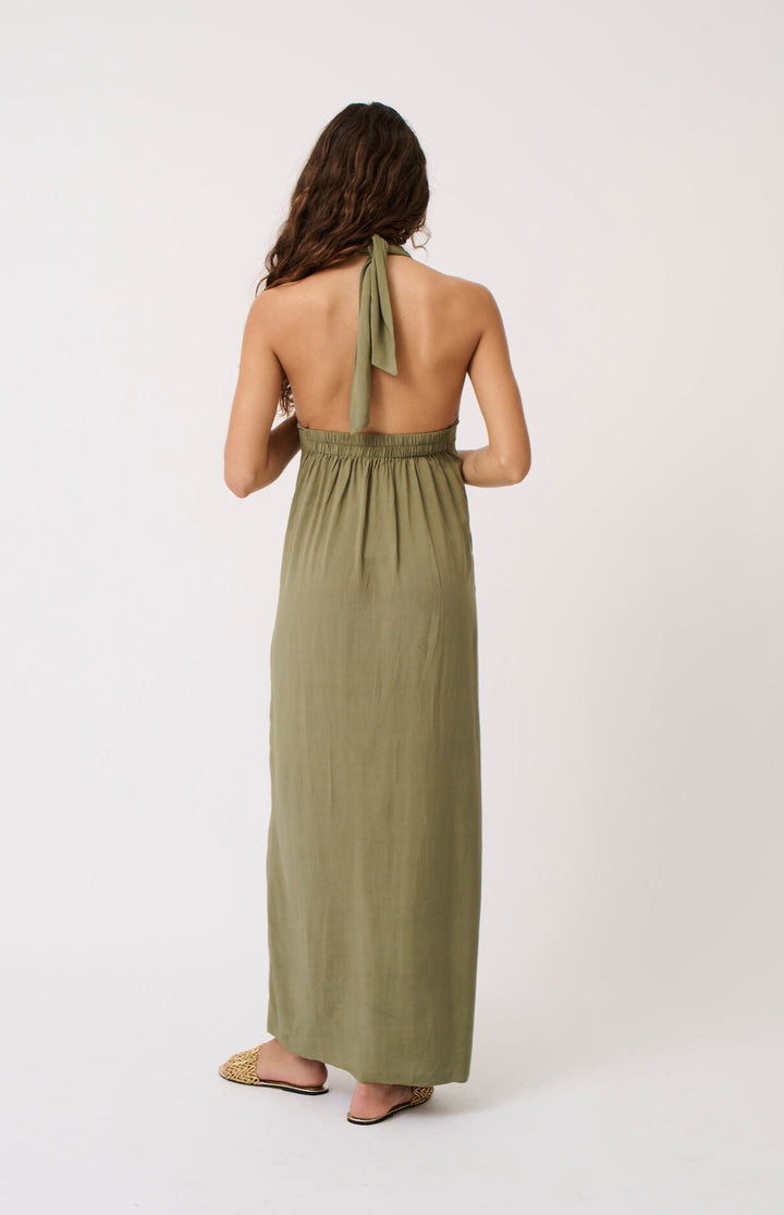 The Sabrina maxi dress features a halter-neck and elasticated band and the back for ease of wear, available from www.thecollectivenz.com