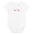 White baby onesie with pink floral design on a white background