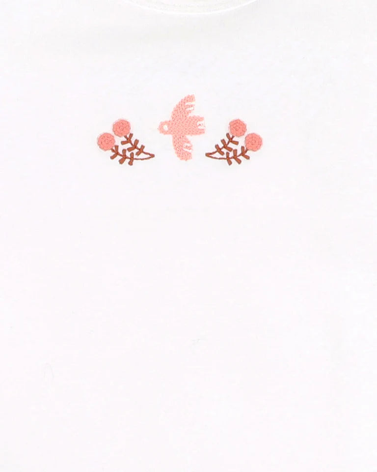 Decorative design with floral elements and a bird on a white background