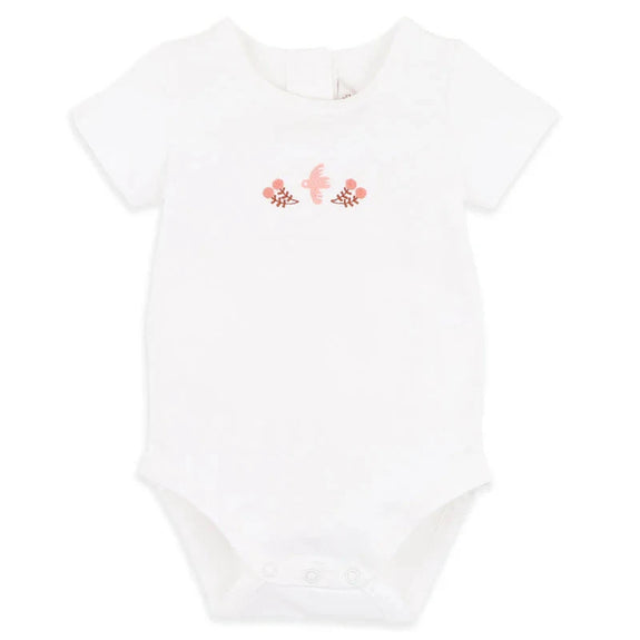 White baby onesie with pink floral design on a white background