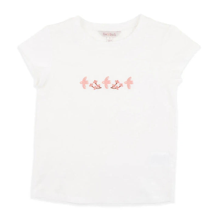 White t-shirt with pink text on a white background