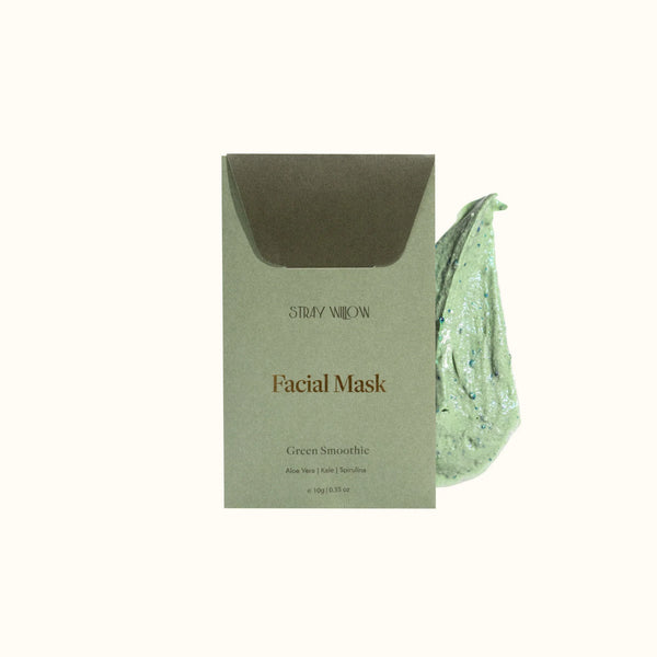 Stray Willow facial mask packaging with green smoothie texture on a white background