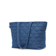 Blue quilted tote bag on a white background