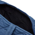 Close-up of a blue quilted jacket with a zipper on a white background
