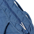 Close-up of a blue textured bag with a zipper on a white background