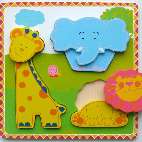 Colorful children's puzzle with animal shapes on a white background