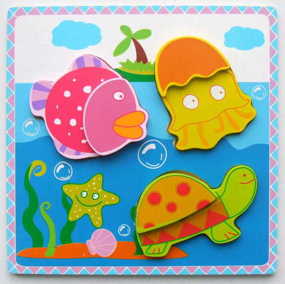 Colorful turtle-themed children's puzzle with sea creatures on a blue background