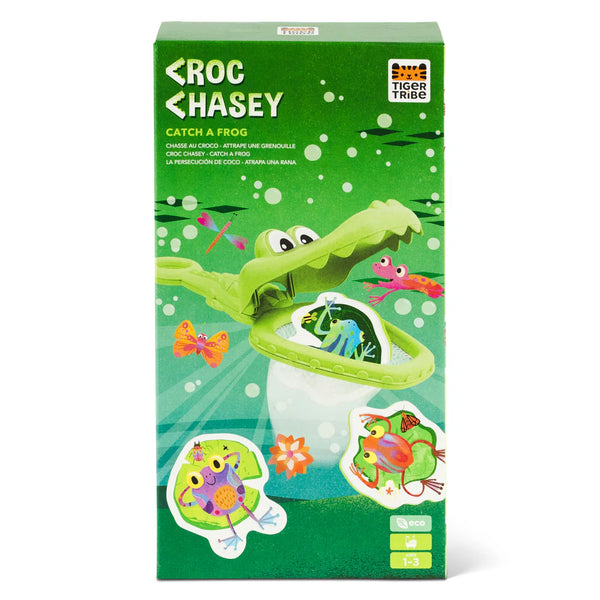 Box of Croc Chasey game by Tiger Tribe with green background and crocodile and frog illustrations.