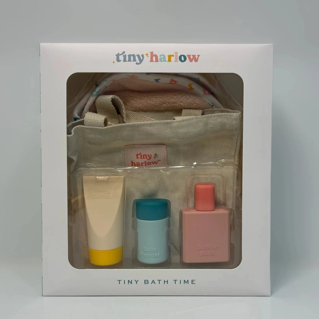 Tiny Harlow baby bath time set in packaging on a gray background