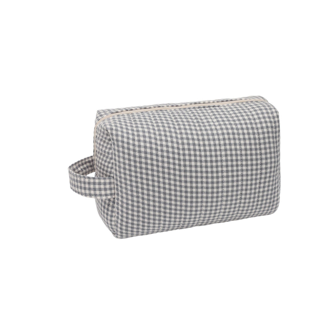 Gingham patterned toiletry bag on a white background