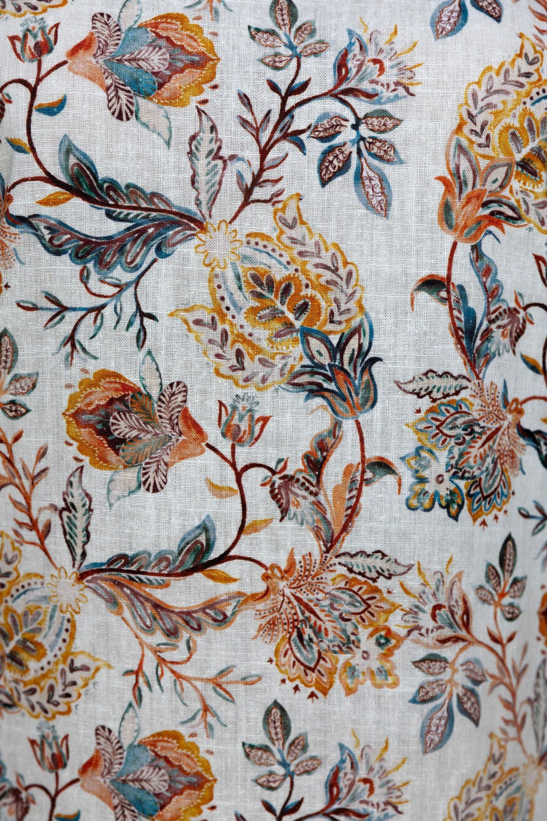 Close-up of floral fabric pattern with multicolors on a textured background