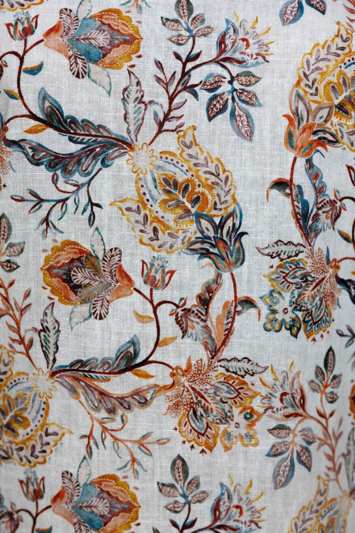 Close-up of floral fabric pattern with multicolors on a textured background