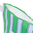 Close-up of a green and blue striped pouch with a white interior.