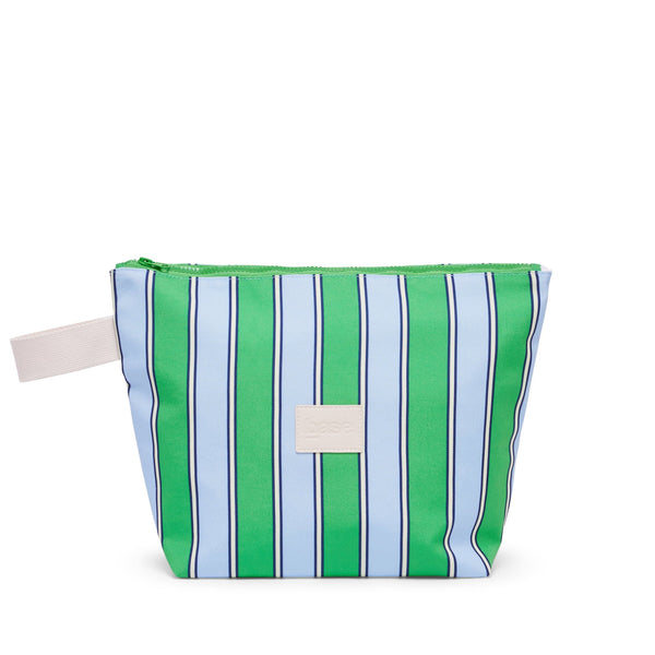 Striped green and blue pouch on a white background