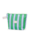 Green and blue striped pouch on a white background