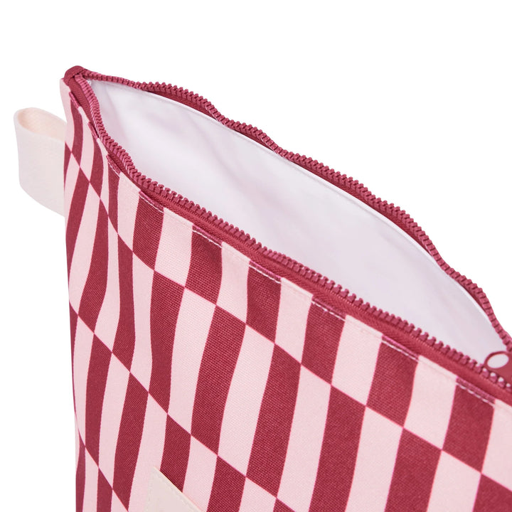 Red and white checkered pouch with a zipper on a white background