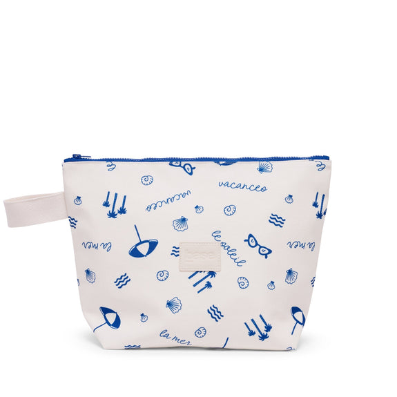 Small pouch with blue patterns and text on a white background