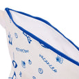 White pouch with blue zipper and sea-themed designs on a white background