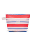 Striped pouch with red, white, and blue colors on a white background