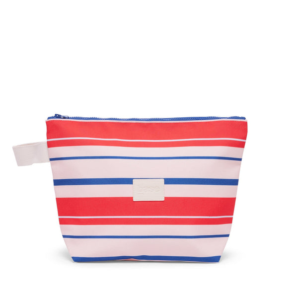 Striped pouch with red, white, and blue colors on a white background