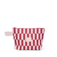 Pink and red striped bag with a white zipper on a white background