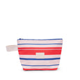 Striped pouch with a blue zipper on a white background